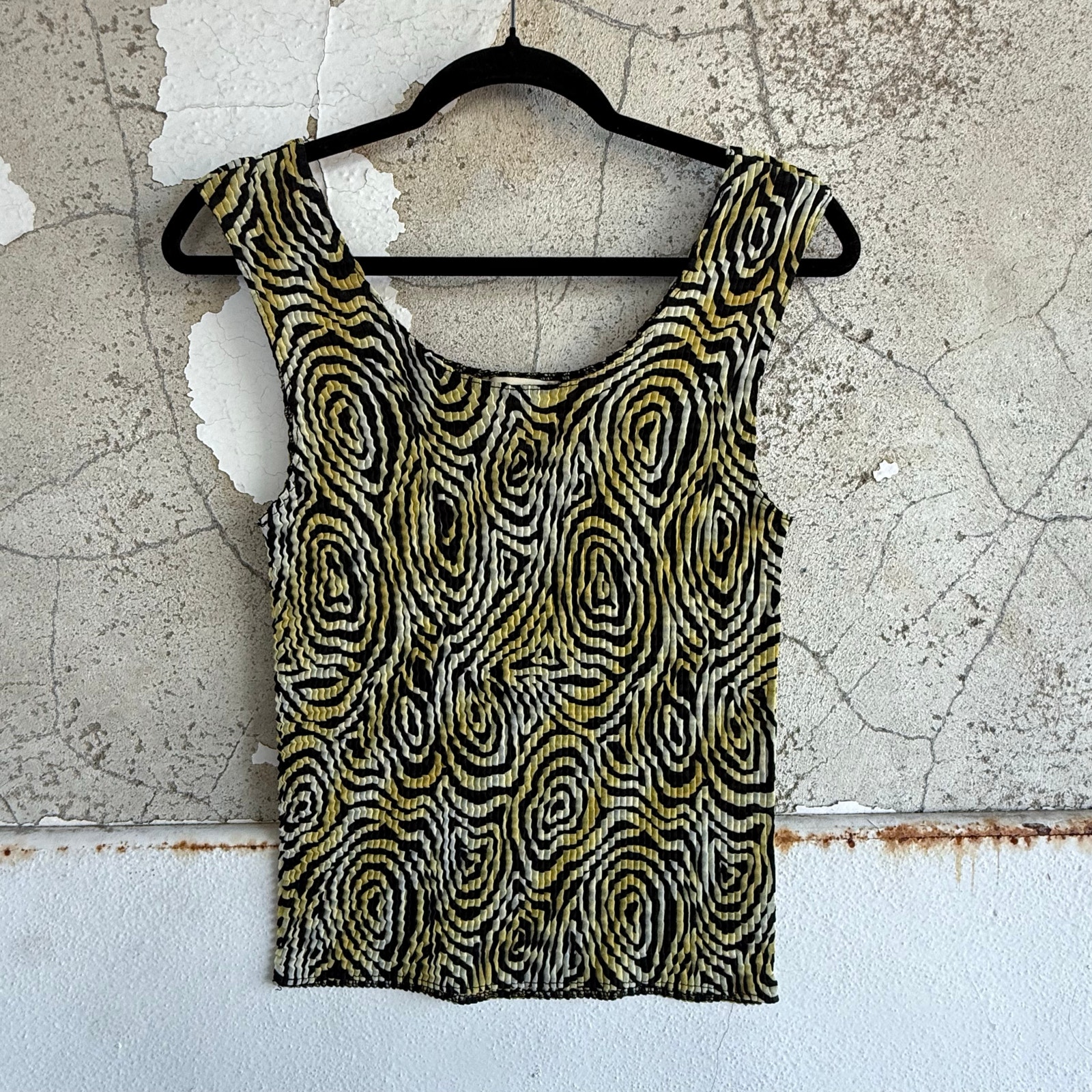 Vtg Tank Top Pleated Crinkle 90s Carina Abstract Swirl Art Print Micropleat Top